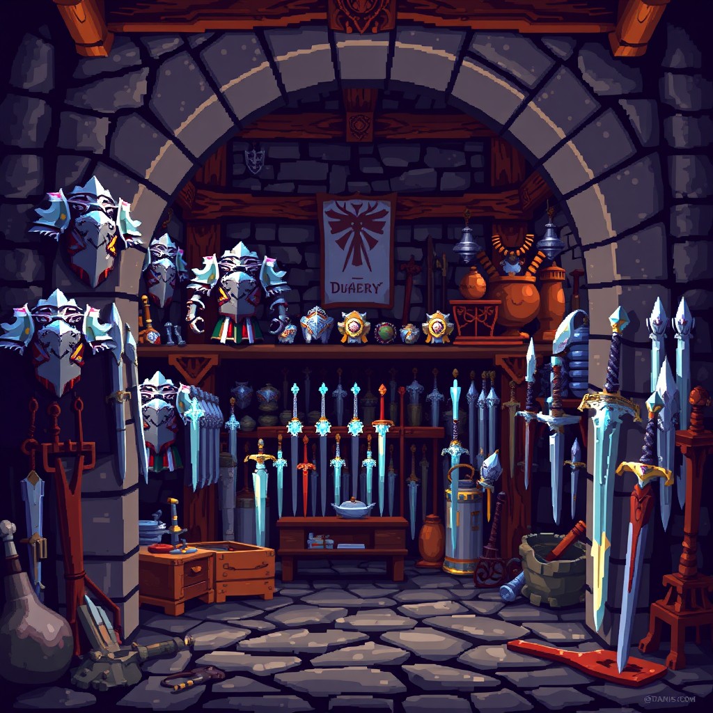 A pixel art depiction of an entrance workshop filled with armor and swords, inspired by the aesthetic of Diablo 2, without any characters present