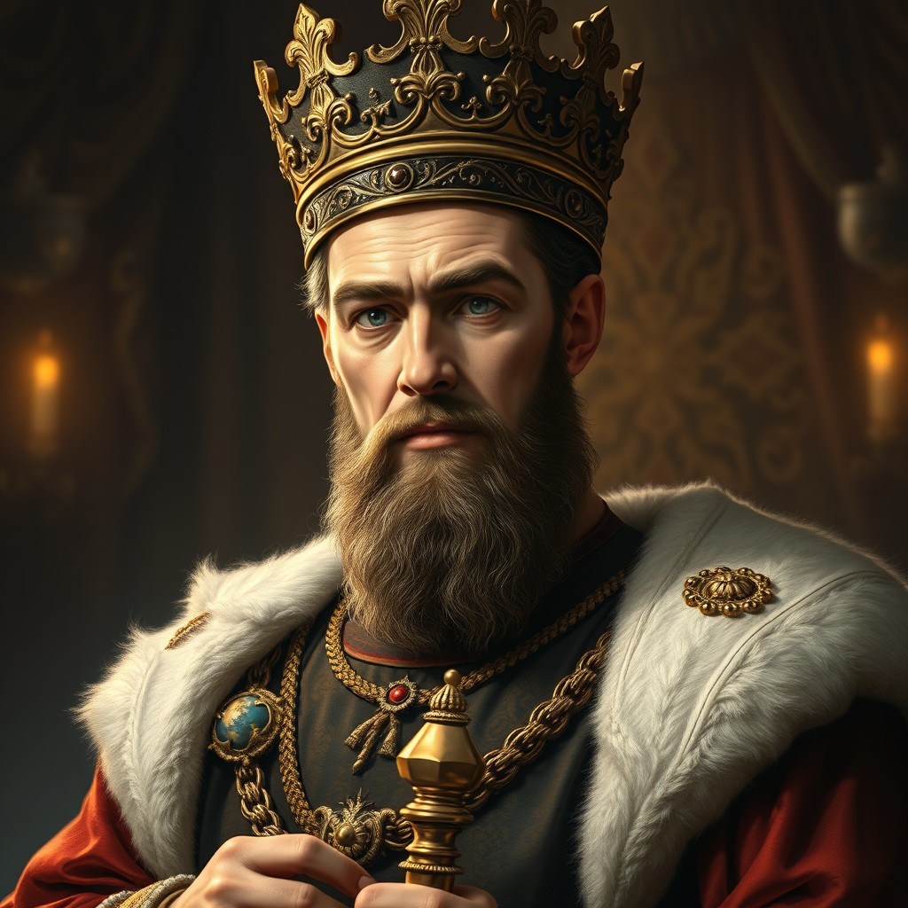 A realistic portrait of King Dragutin Nemanjic, featuring regal attire and a majestic crown