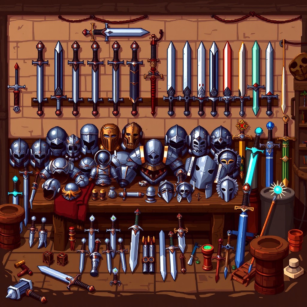 A pixel art scene displaying an array of armor and swords, inspired by the world of Diablo 2, featuring no characters
