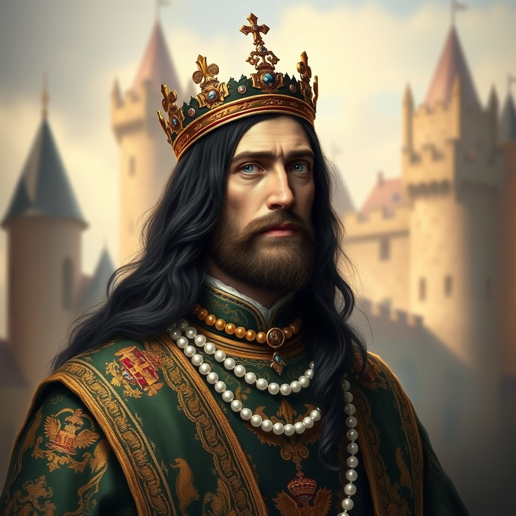 A realistic portrait of King Uros I Nemanjic, depicted in royal attire reminiscent of medieval Serbian nobility