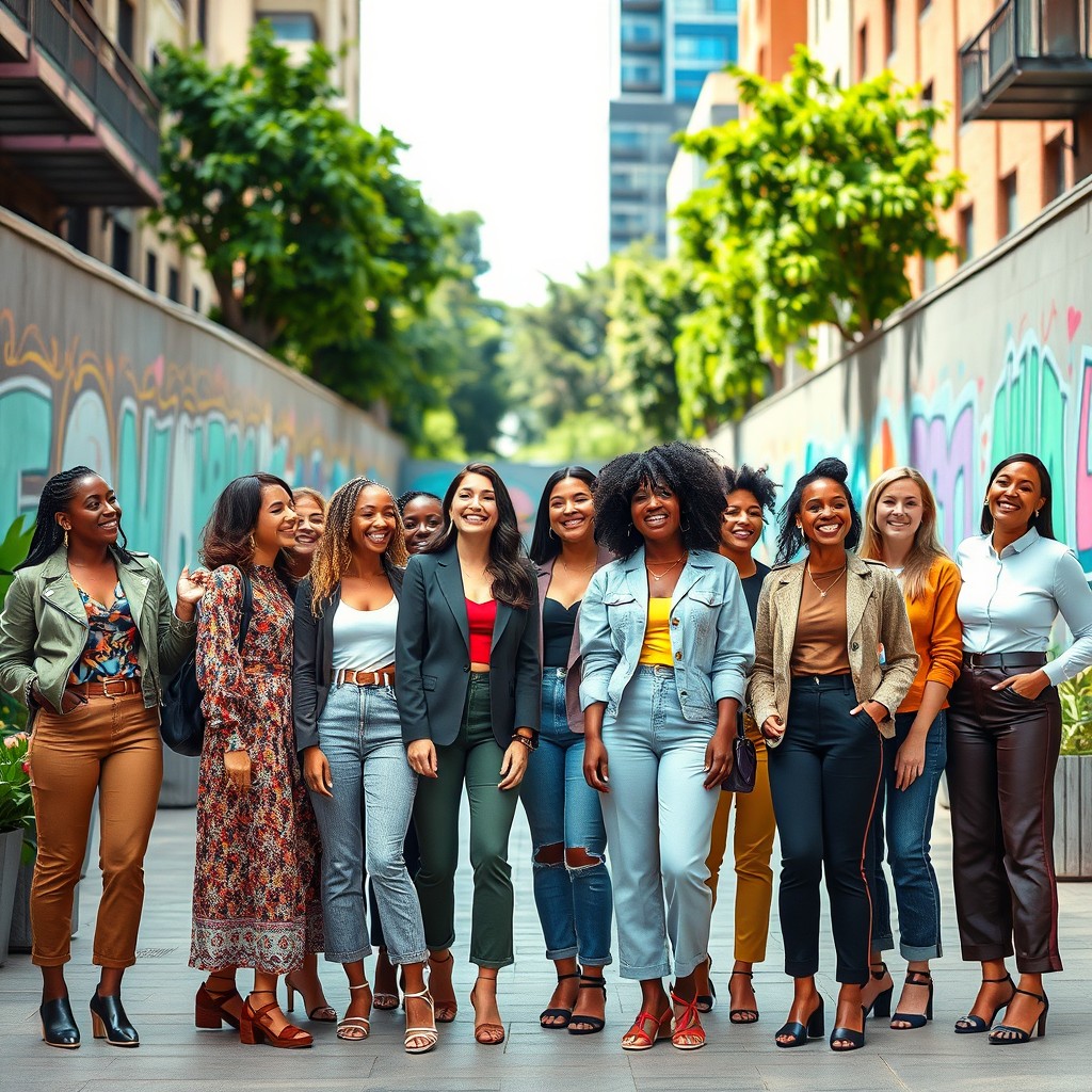 A group of diverse women of different ethnicities and ages standing confidently in an urban setting, wearing stylish outfits that reflect contemporary fashion trends