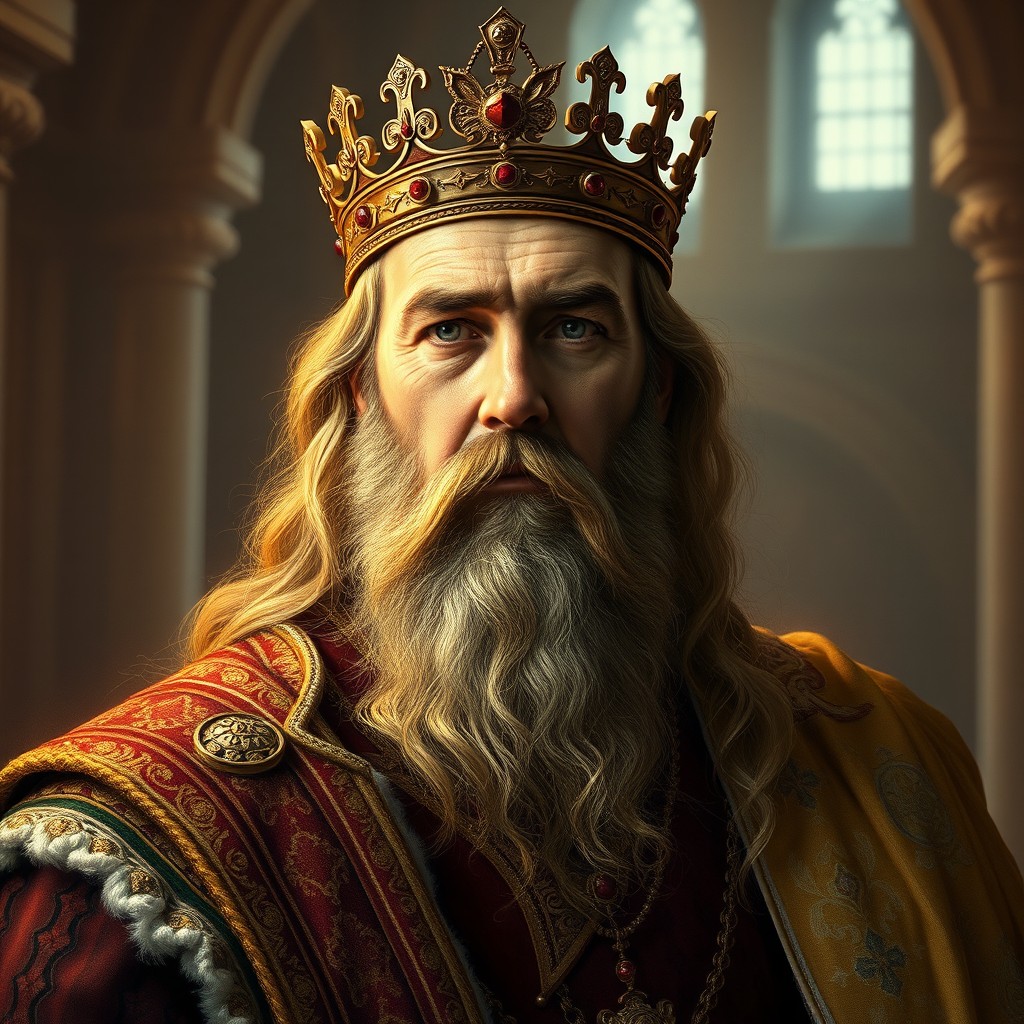 A realistic portrait of King Vladislav Nemanjic, depicted as a regal and noble figure
