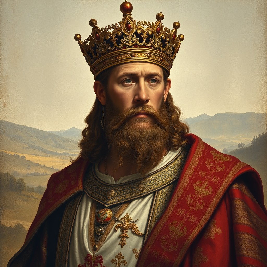 A realistic portrait of King Radoslav Nemanjic, inspired by historical frescoes, featuring a regal figure adorned in traditional medieval Serbian royal attire