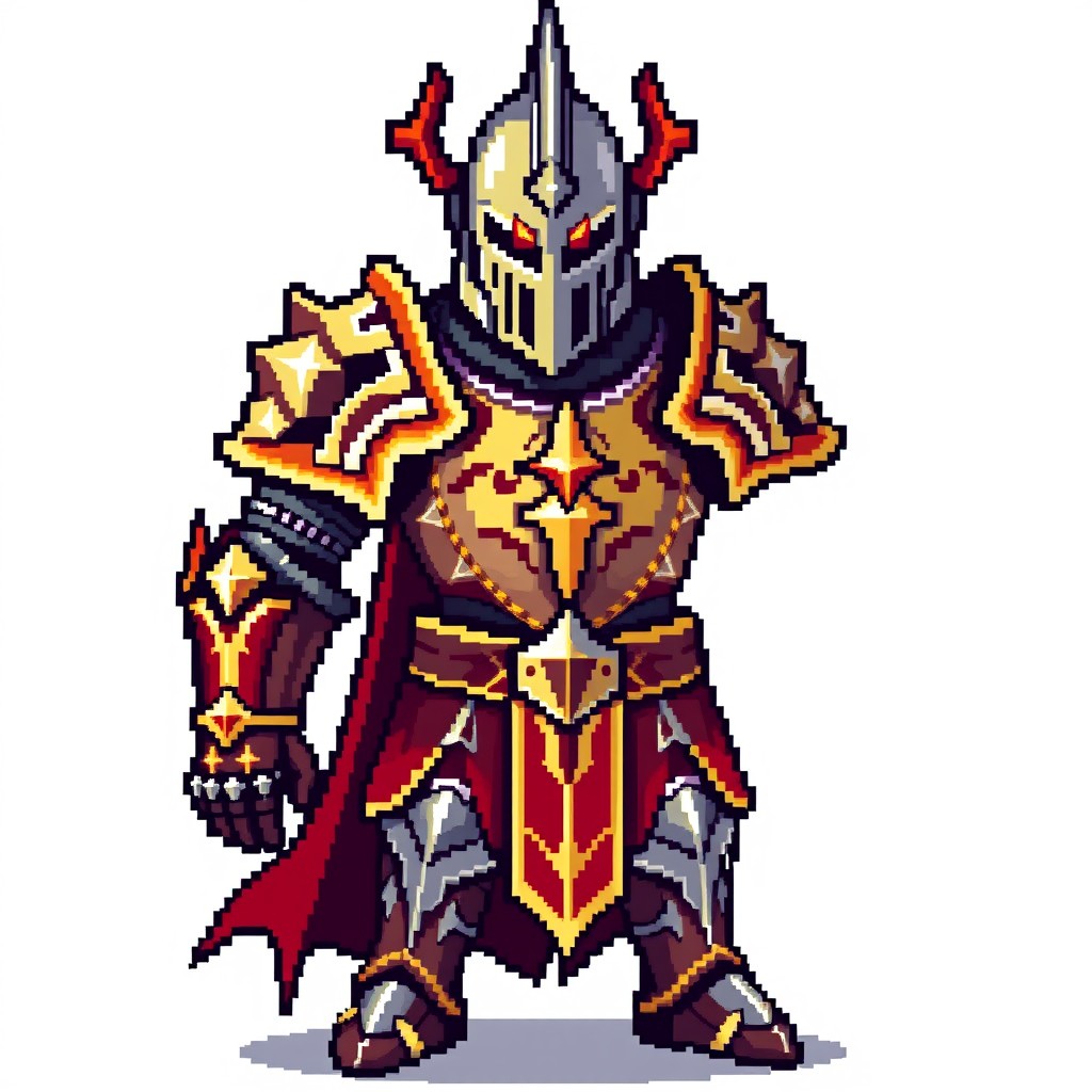 A pixel art illustration showcasing a detailed knight's armor inspired by Diablo 2, featuring no background and no characters