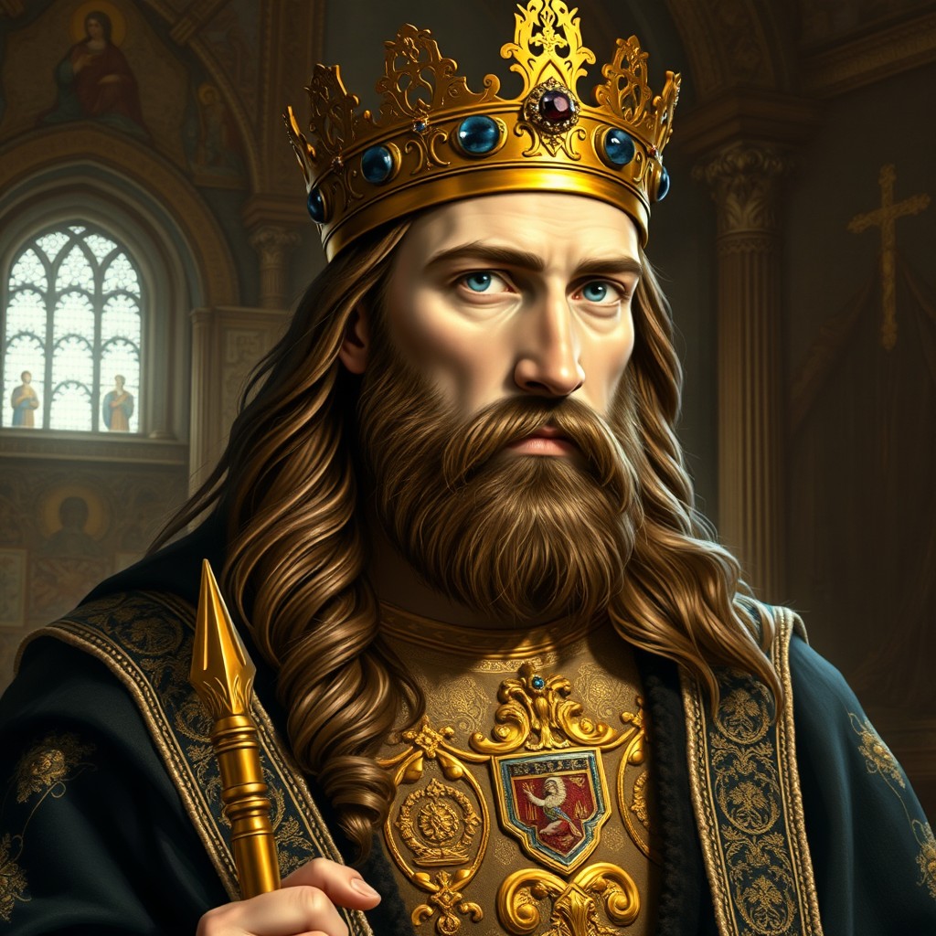 A realistic portrait of King Stefan the First-Crowned of the Nemanjić dynasty, depicted in traditional medieval attire with intricate details