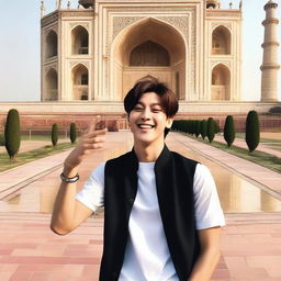 Jeon Jungkook from BTS, displaying a joyful laugh, standing in front of the iconic Taj Mahal.