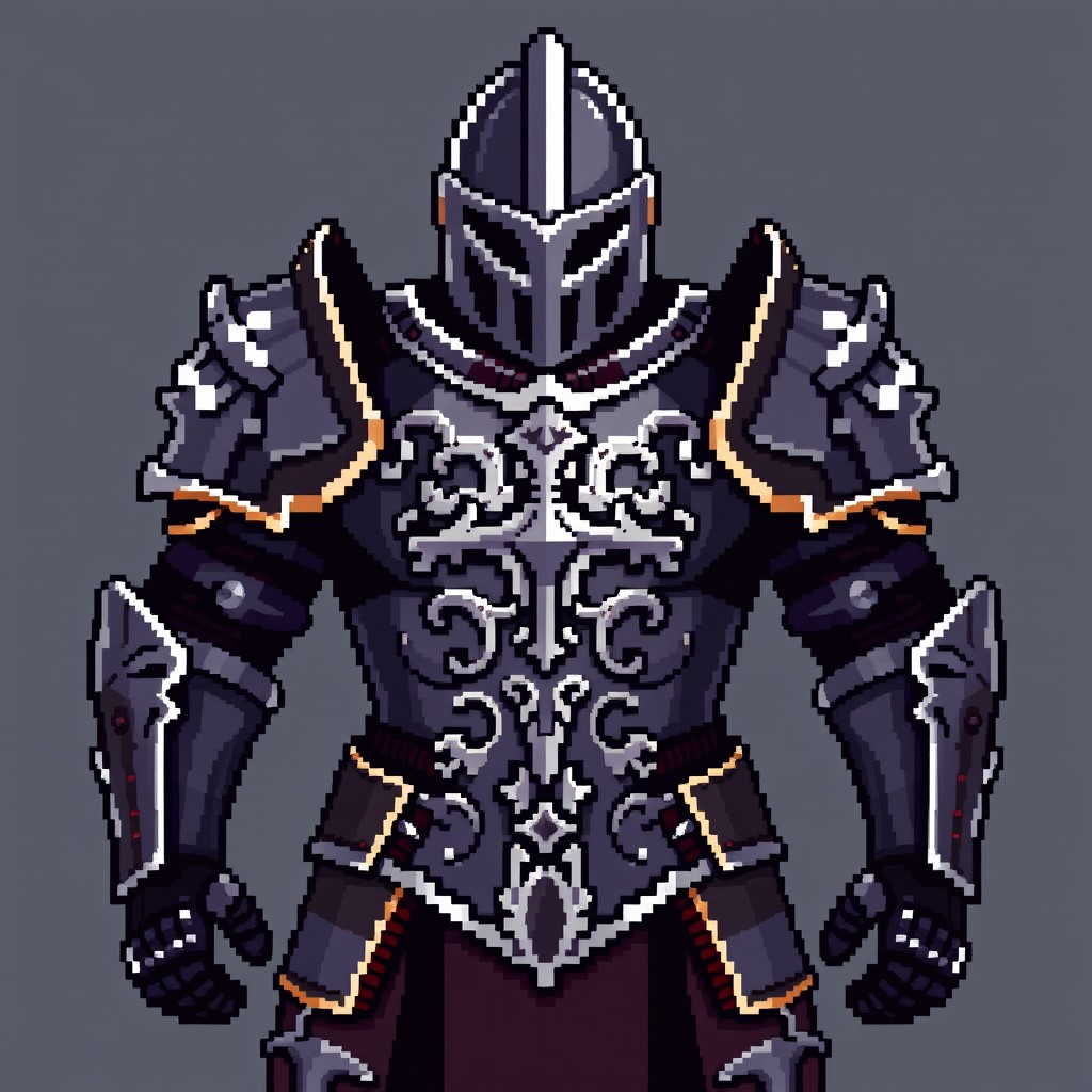A pixel art representation of a knight's armor in a medieval style, inspired by the aesthetic of Diablo 2, featuring no background and no characters