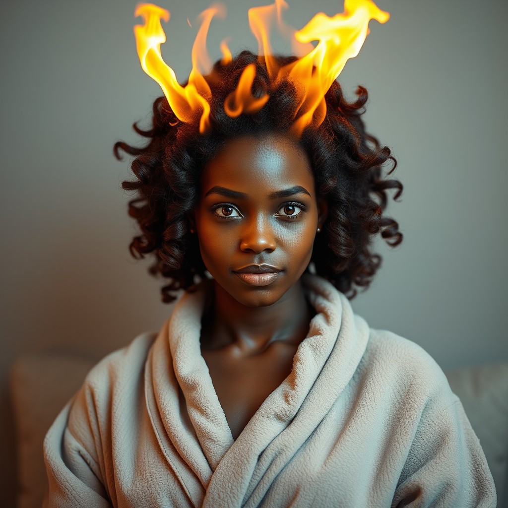 A female fire genasi monk with striking hair made of fire, styled in curlers, wearing a comfortable bathrobe