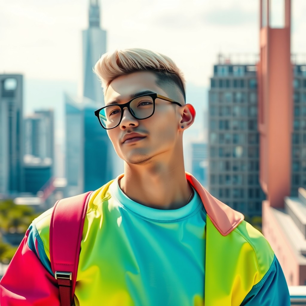 A futuristic self-portrait of a person at age 24, featuring a confident individual with a fit build, standing tall at 175 cm, weighing around 75 kg