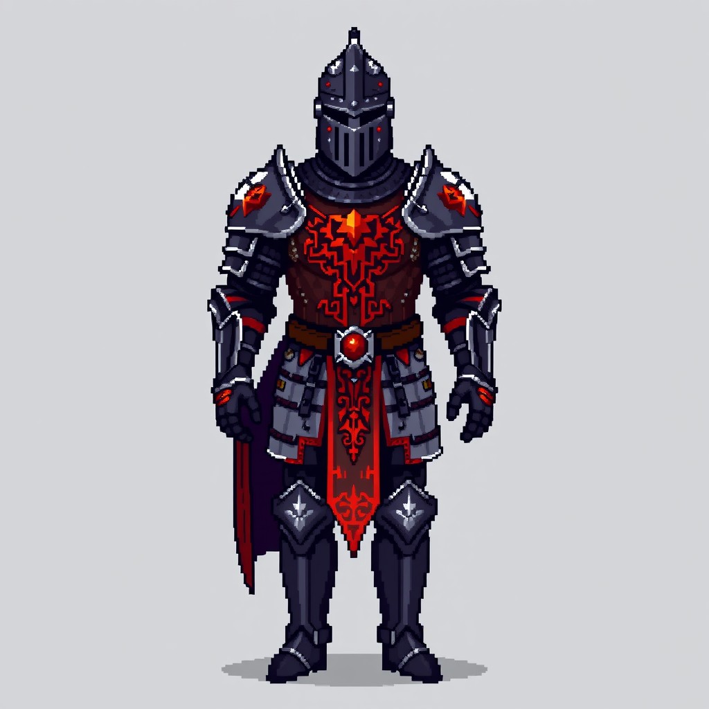A pixel art representation of a full-length knight's armor in a medieval style, drawing inspiration from Diablo 2, featuring no background and no characters