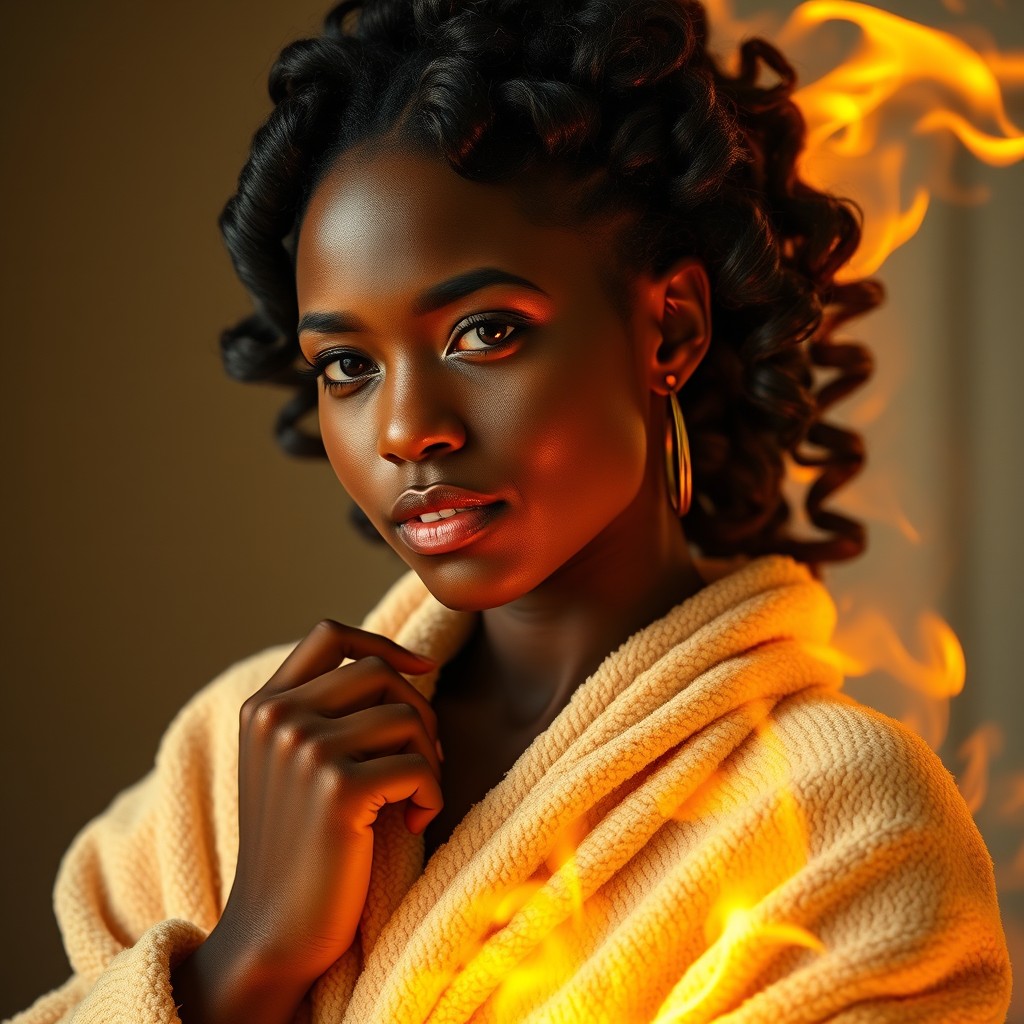 A female fire genasi monk with hair made of fire, elegantly styled in hair curlers, wearing a cozy bathrobe