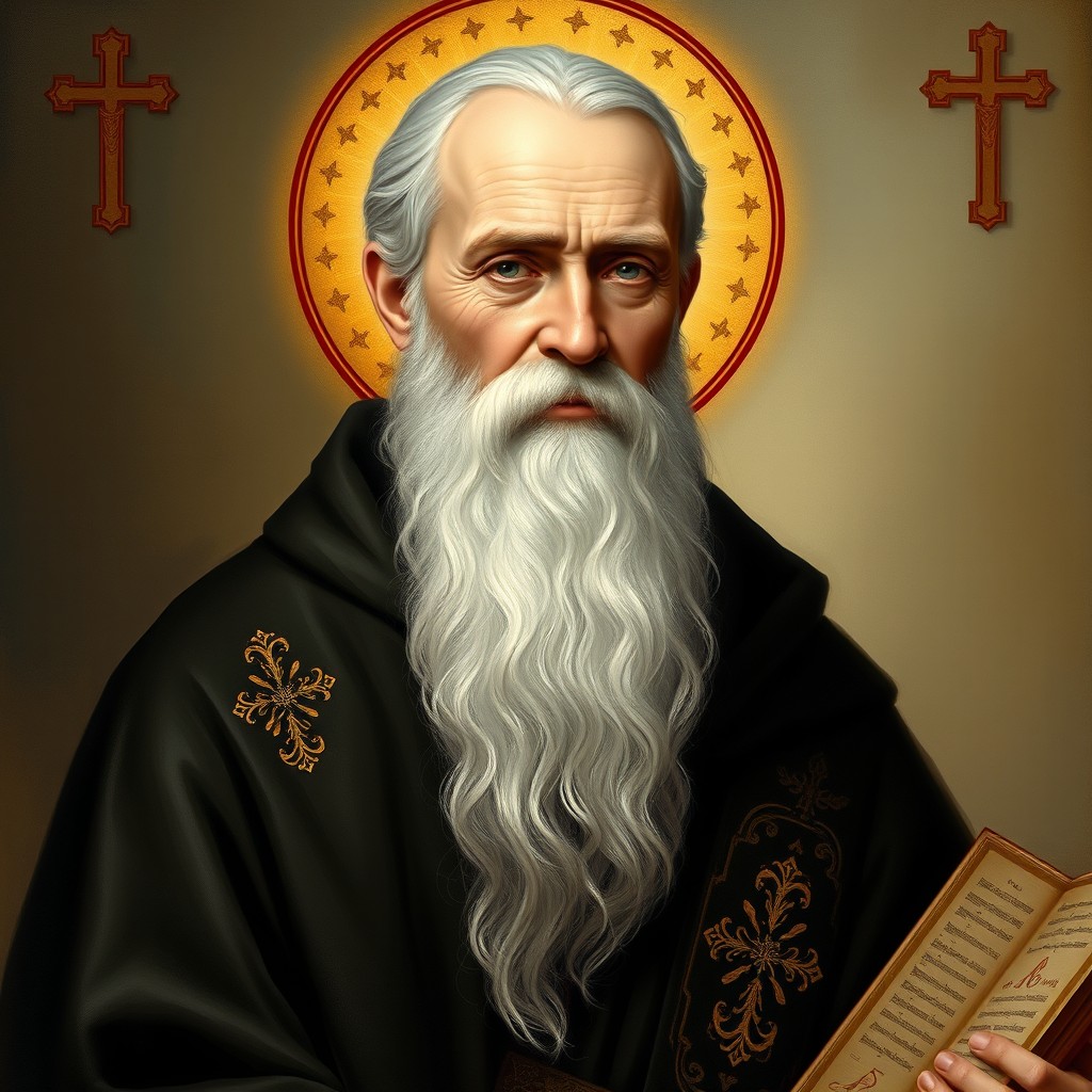 A realistic portrait of Saint Sava, depicted as a serene and wise figure with a long, flowing white beard and traditional Serbian monastic attire, including a dark robes with intricate gold embroidery