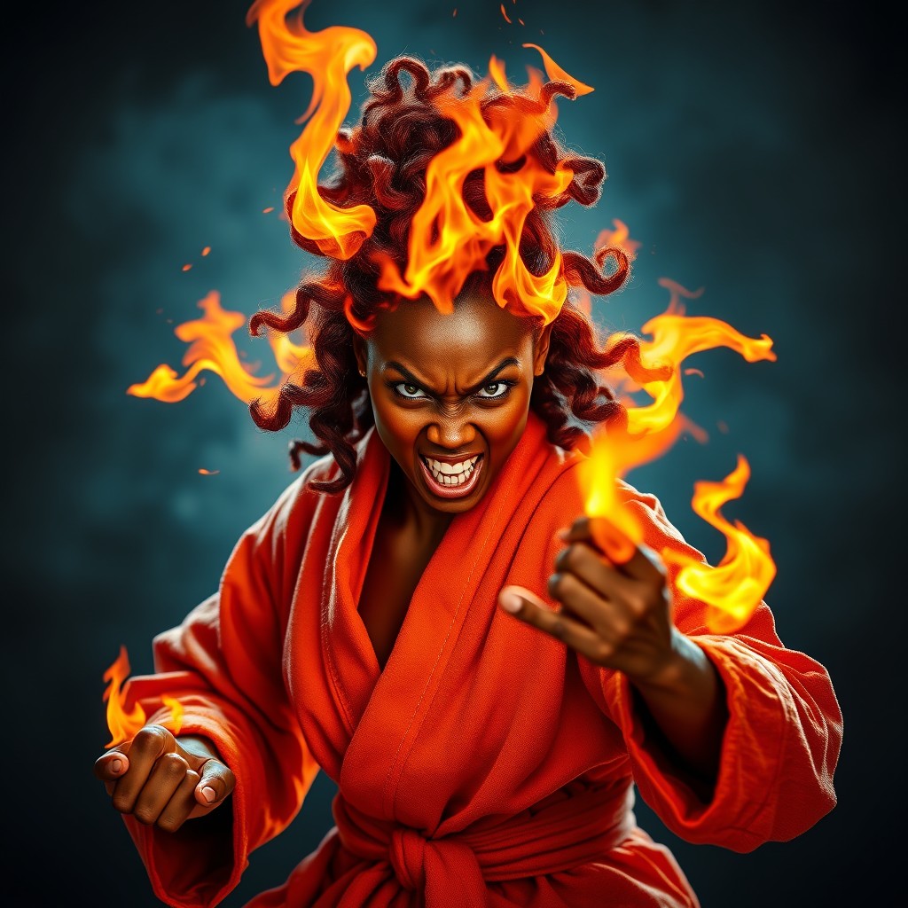 An angry female fire genasi monk with hair made of fire, styled in curlers, wearing a bathrobe