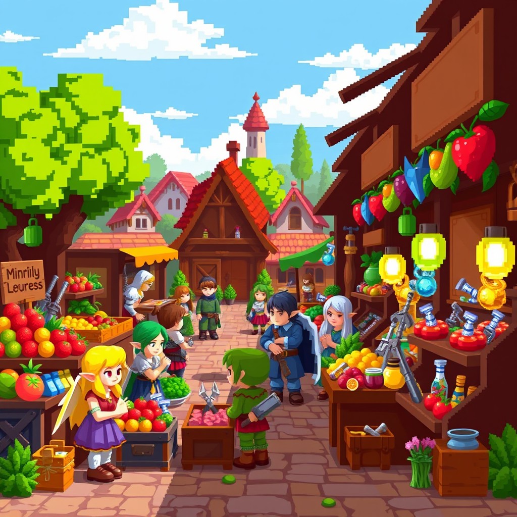 A pixel art style market scene suitable for a retro video game, featuring colorful blocky stalls filled with various pixelated goods such as fruits, vegetables, weapons, and potions