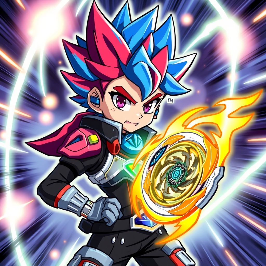 A stylized illustration of a Beyblade character, representing a fusion of various traits from popular Beyblade protagonists