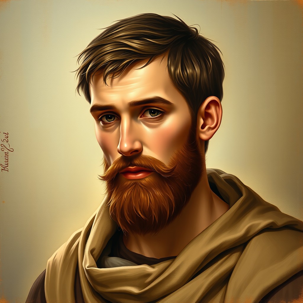 A realistic portrait of Saint Sava as a young man, capturing his thoughtful expression, with short hair and a soft beard