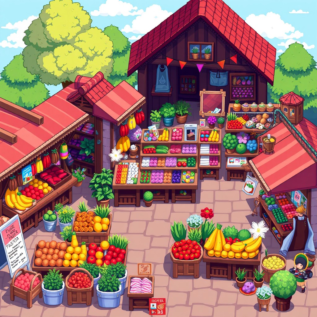 A detailed pixel art marketplace scene, showcasing a variety of stalls filled with colorful goods like fruits, vegetables, flowers, and handmade crafts