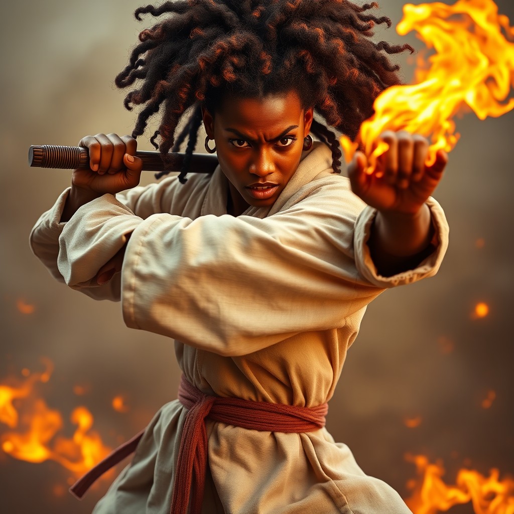 An angry female fire genasi monk with hair made of fire, styled in hair curlers, wearing a bathrobe