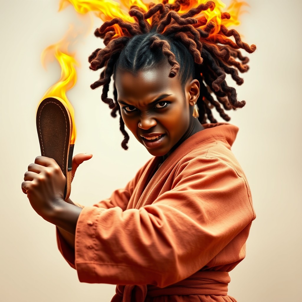 An angry female fire genasi monk with hair made of fire, styled in hair curlers, wearing a bathrobe