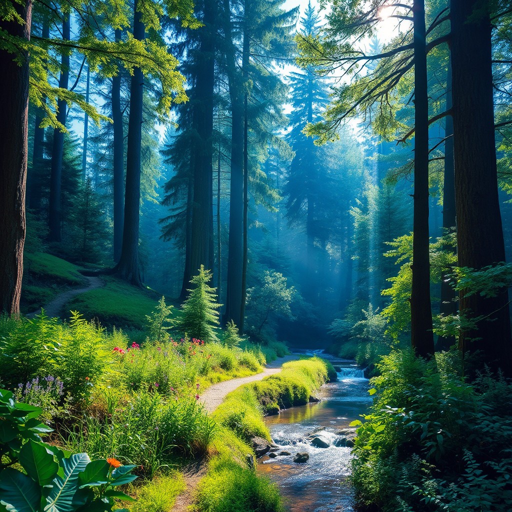 A lush, vibrant forest bursting with life, filled with tall, majestic trees, a variety of green foliage, and dappled sunlight filtering through the leaves
