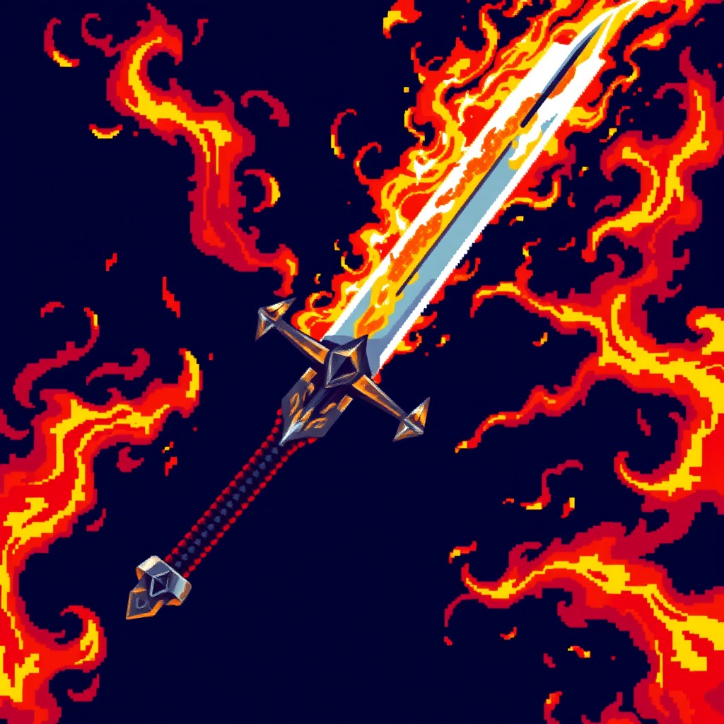 A pixel art representation of a full-length knight's sword engulfed in flames, inspired by the medieval style and the aesthetics of Diablo 2, featuring no background and no characters