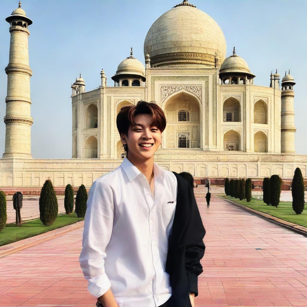 Jeon Jungkook from BTS, displaying a joyful laugh, standing in front of the iconic Taj Mahal.