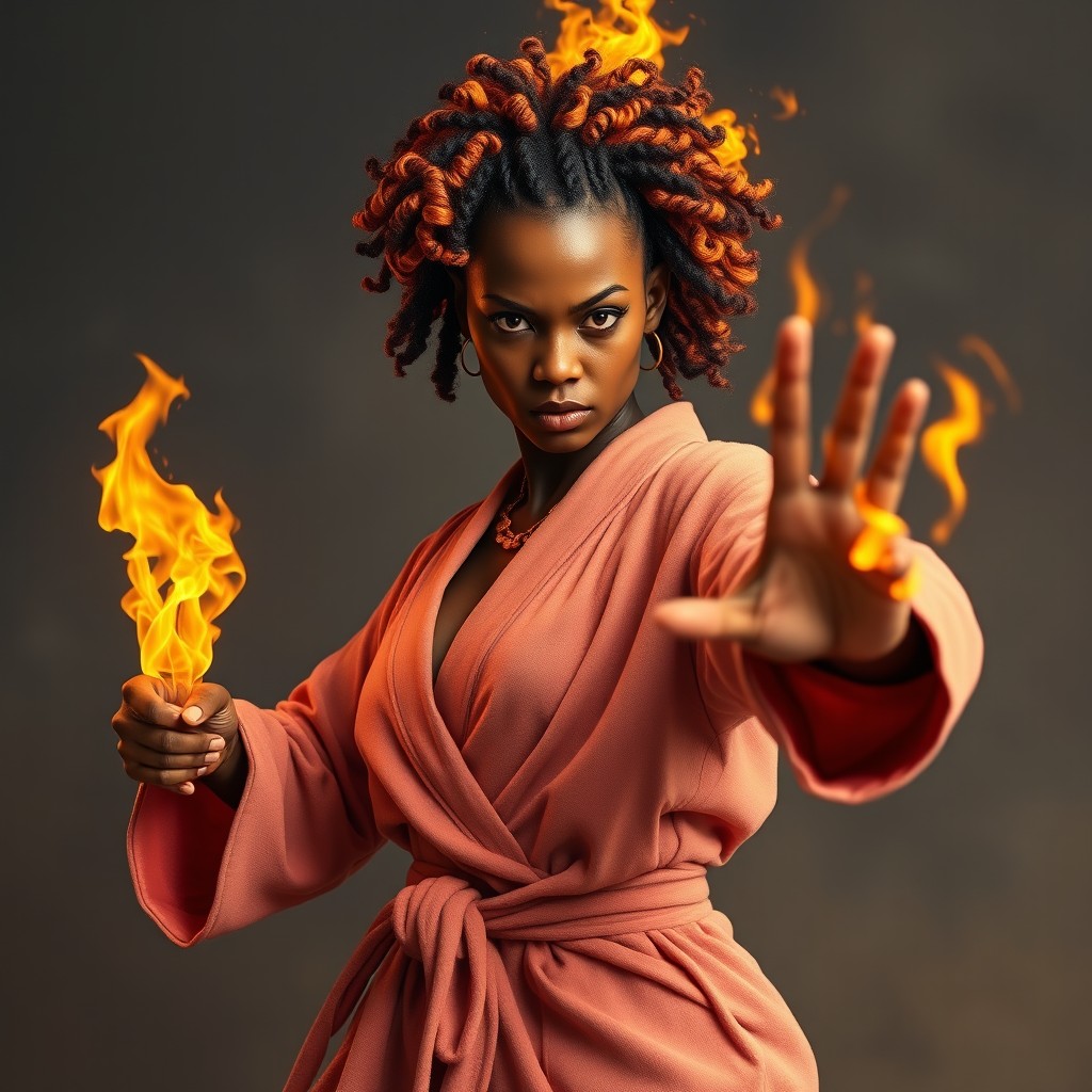 A full-body depiction of an angry female fire genasi monk with hair made of fire, styled in hair curlers, wearing a bathrobe