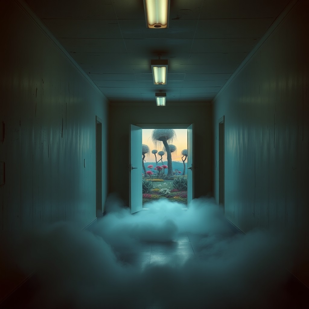 A hauntingly beautiful liminal space, featuring an empty, dimly lit corridor that stretches into the distance, with flickering fluorescent lights casting an eerie glow