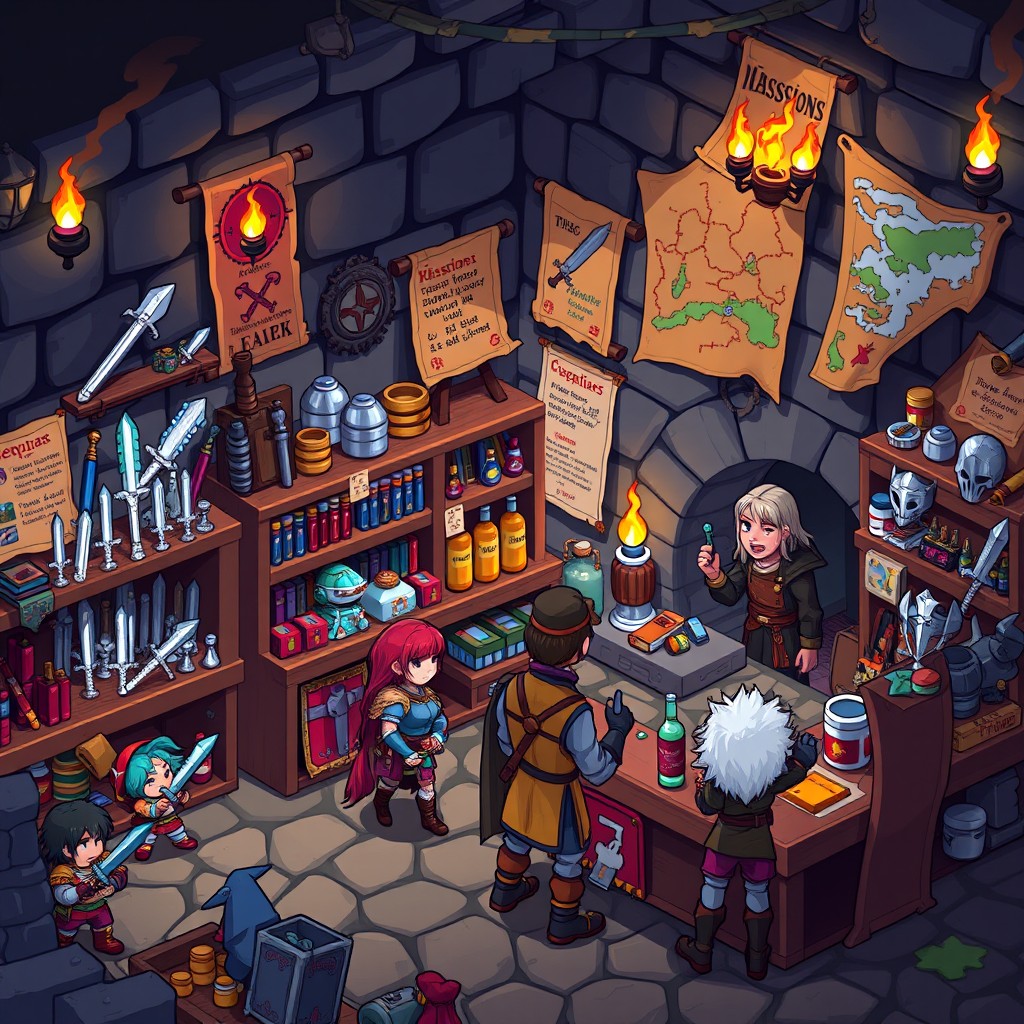 A vibrant 2D pixel art scene of a fantasy dungeon shop where adventurers gather to equip themselves before embarking on quests