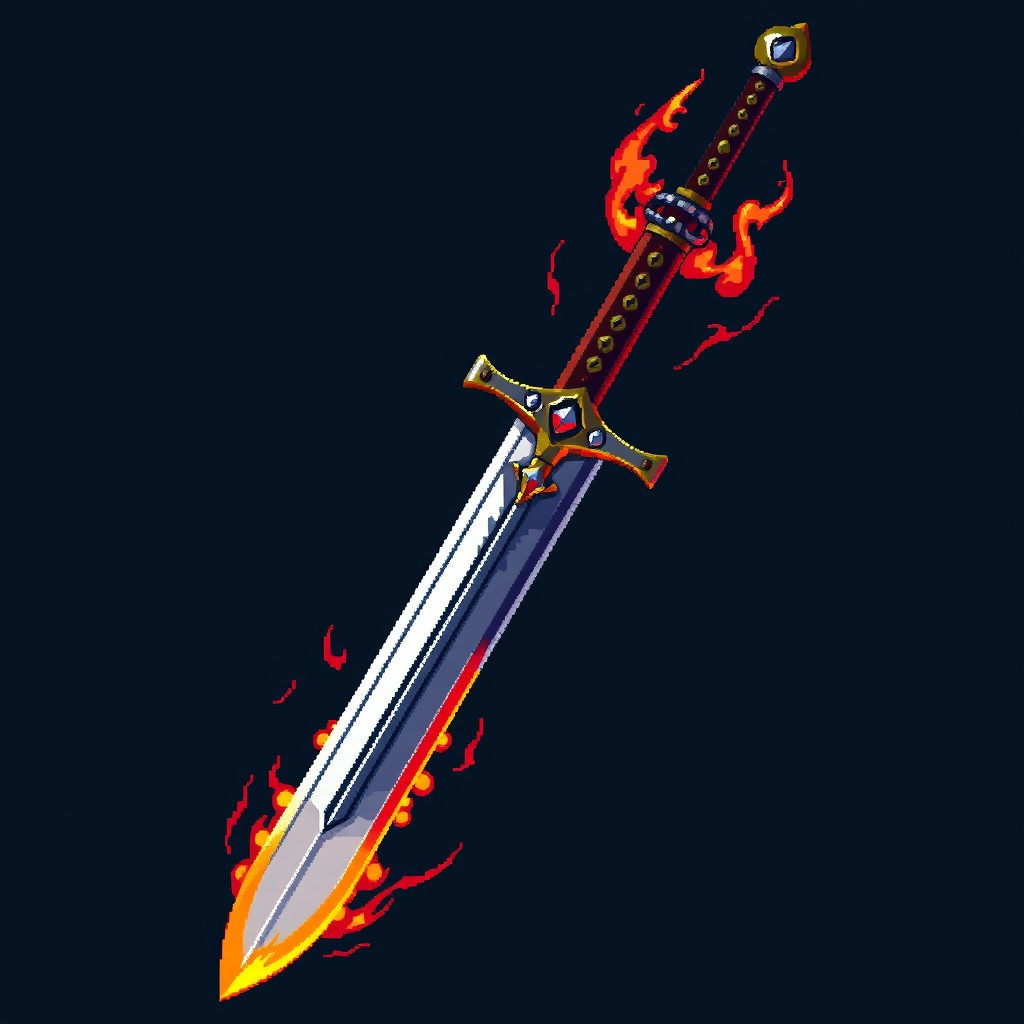 A pixel art representation of a full-length knight's sword in a medieval style, inspired by Diablo 2, featuring no background and no characters
