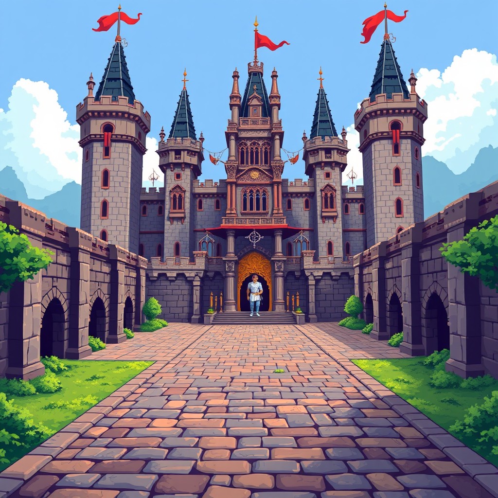 A pixel art depiction of a huge, beautiful castle with a paved courtyard, inspired by the aesthetics of Diablo 2, featuring no characters