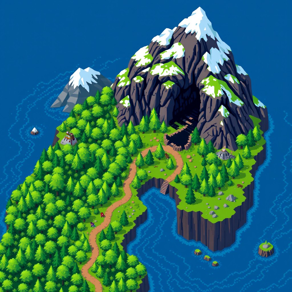 A beautifully crafted 2D pixel art map showcasing a diverse landscape including a lush green forest, a dark cavernous dungeon, towering pixelated mountains, and serene blue lakes