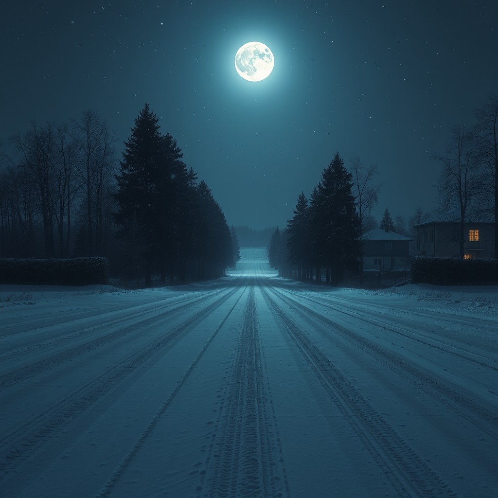 A vast, empty liminal space set in a snowy night ambiance, featuring a desolate road stretching into the horizon under a starry sky