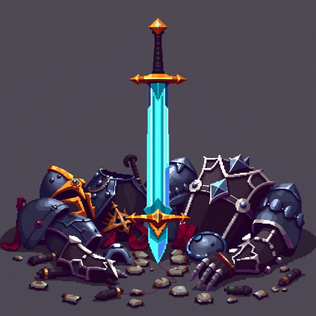 A pixel art depiction of scattered armor pieces and a sword positioned vertically, inspired by medieval style and the aesthetics of Diablo 2, featuring no background and no characters