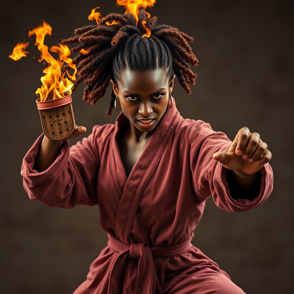 A full-body image of an angry female fire genasi monk characterized by her hair made of fire, which is styled in hair curlers