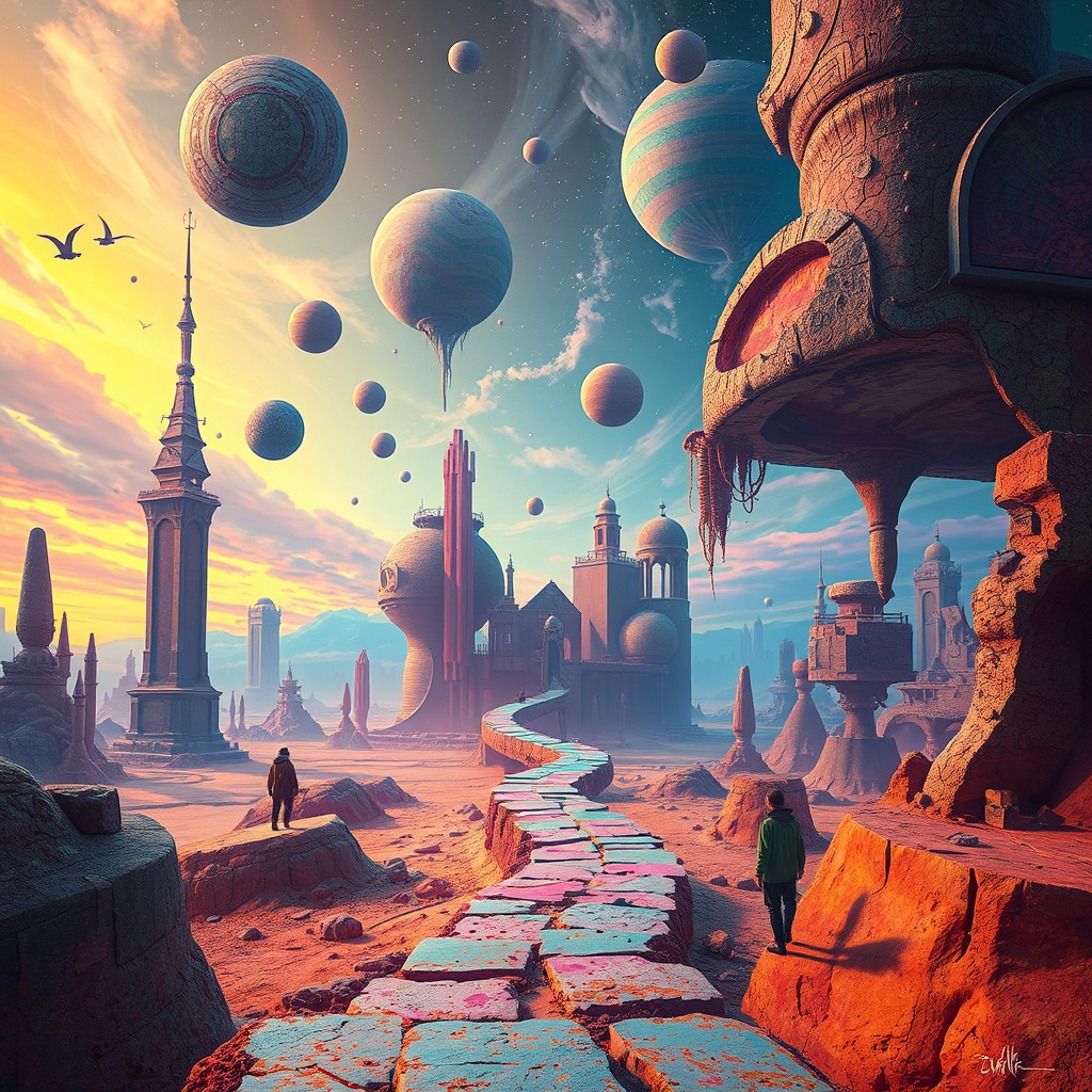 A surreal dreamcore landscape, featuring distorted perspectives and bizarre architecture, layered with vibrant, strange colors