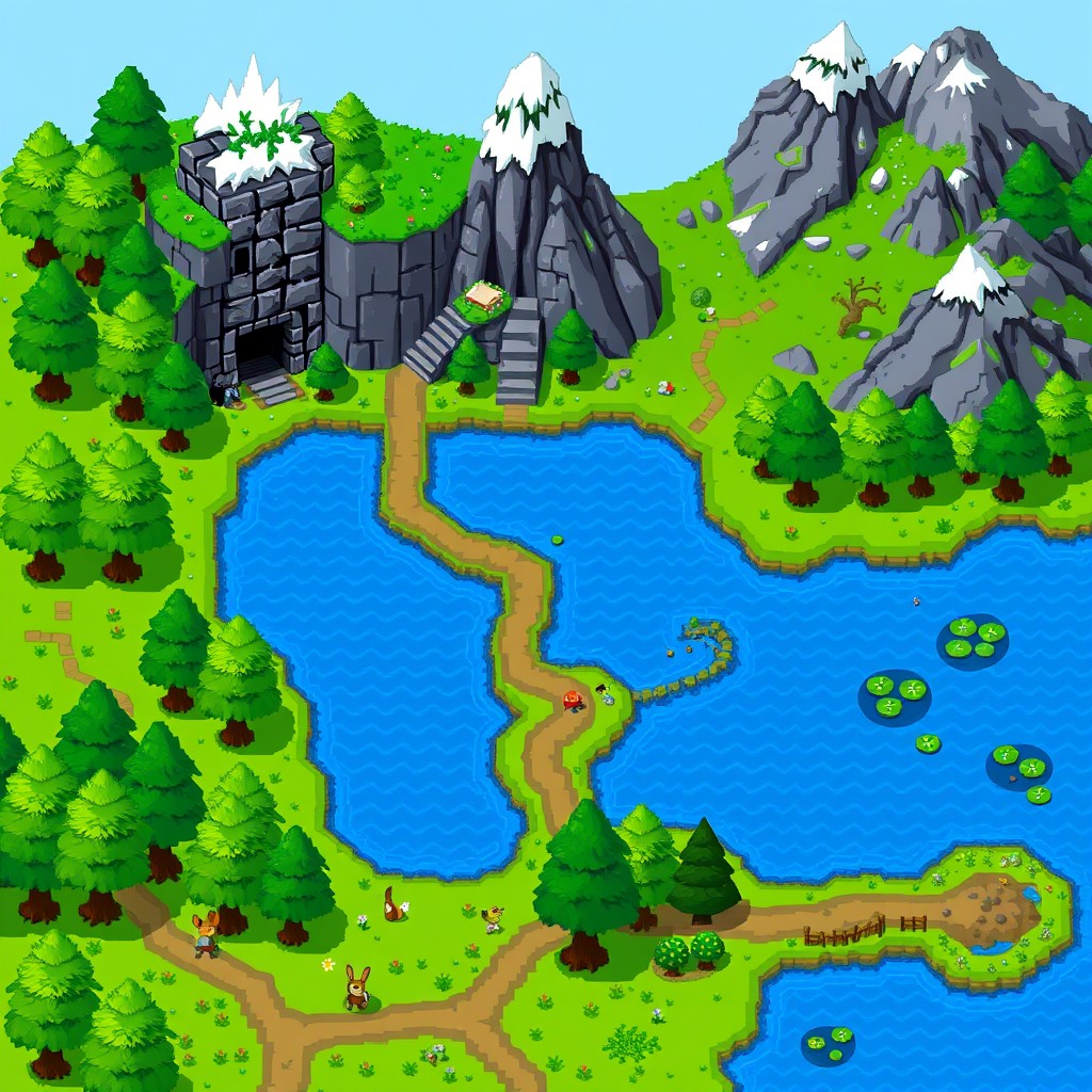 A colorful 2D pixel art map featuring distinct biomes including a lush green forest with various shades of trees, a dark, foreboding dungeon with stone textures and a clear entrance, towering pixelated mountains capped with snow and rocky features, and serene blue lakes with animated ripples