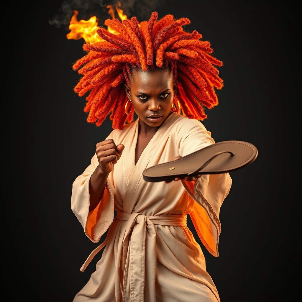 A full-body image of an angry female fire genasi monk whose hair is made of fire, styled in vibrant hair curlers