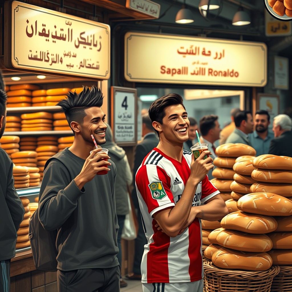 A humorous scene depicting two legendary football players, Neymar and Ronaldo, standing in line at a traditional Iranian bakery, sharing a joyful moment while sipping on drinks