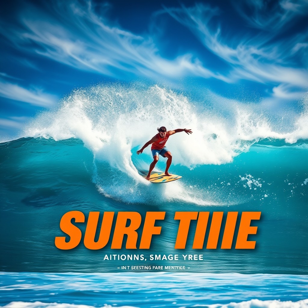 A dynamic and exhilarating scene featuring a surfer riding a massive wave, showcasing their athleticism and skill