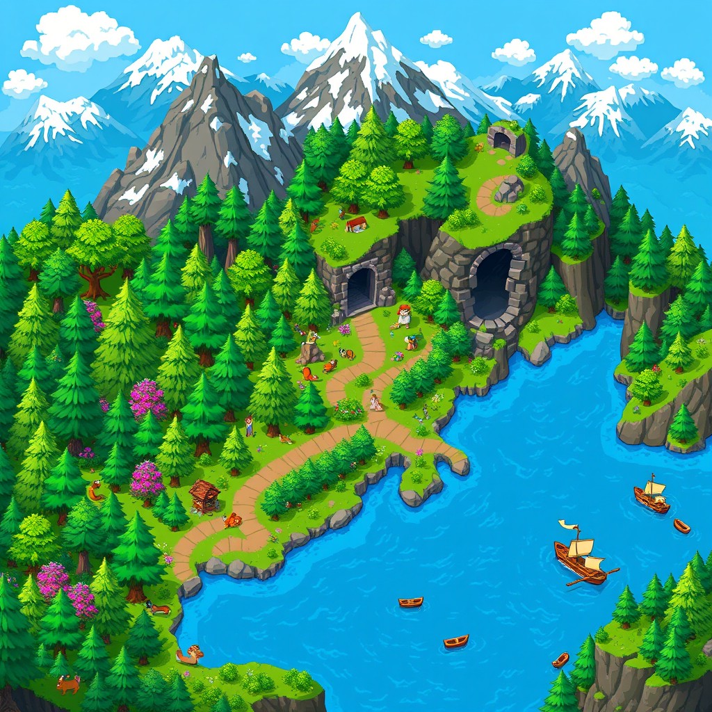 A detailed 2D pixel art map depicting a vibrant fantasy landscape featuring a dense forest, a mysterious dungeon, tall mountains, and tranquil lakes