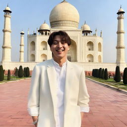 Jeon Jungkook from BTS, displaying a joyful laugh, standing in front of the iconic Taj Mahal.