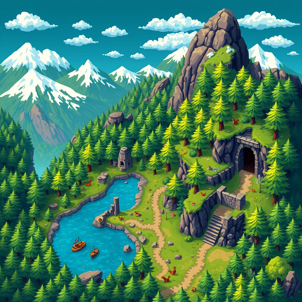 An intricately designed 2D pixel art map displaying a vibrant fantasy world featuring a sprawling forest filled with rich green trees and pixelated wildlife like birds and squirrels