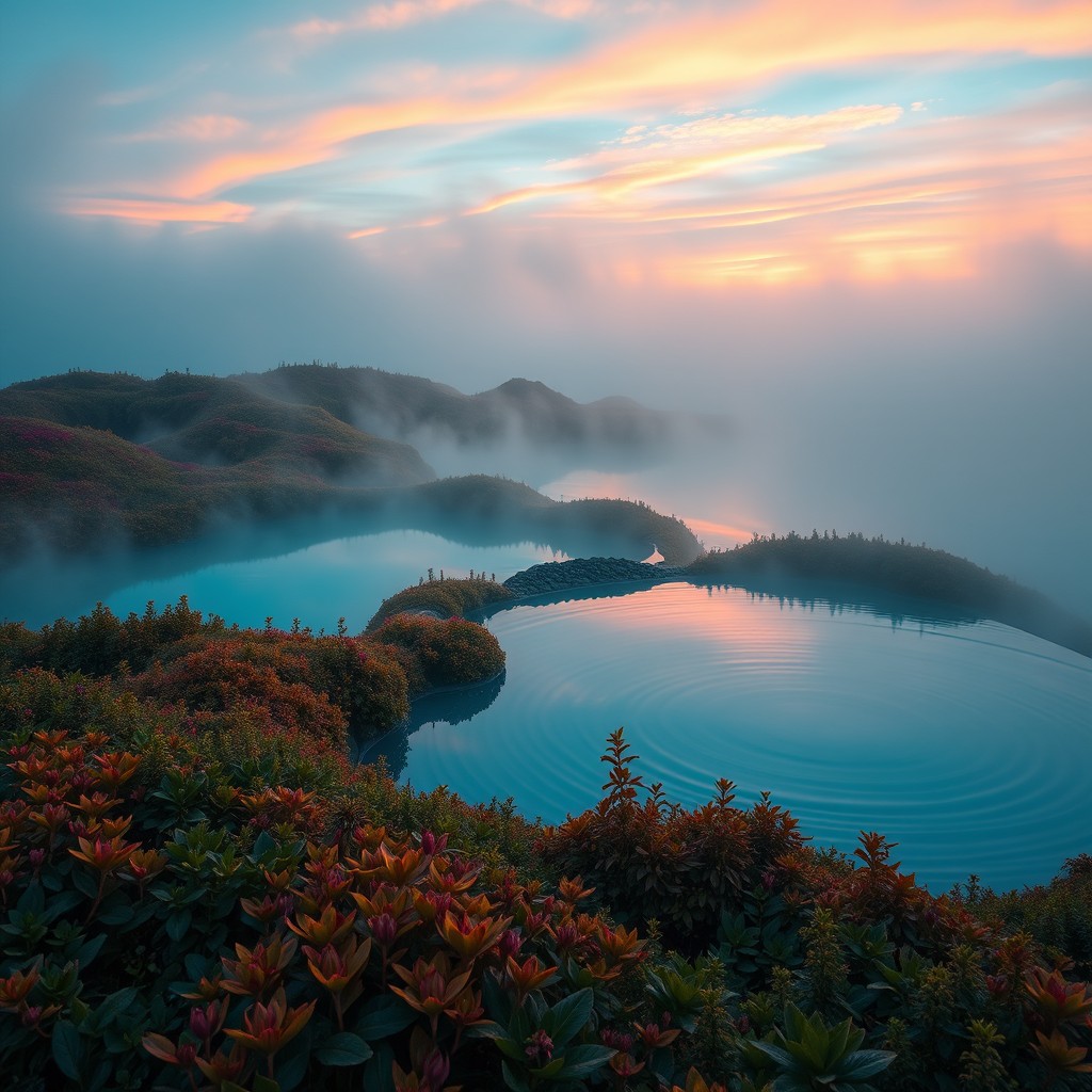 A stunning liminal landscape featuring surreal and tranquil pools of water surrounded by ethereal mist