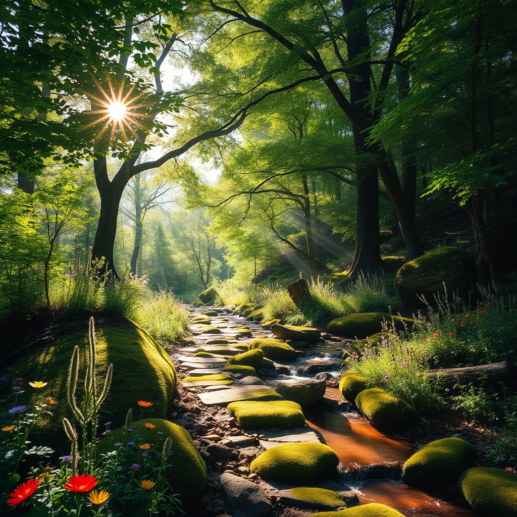 A serene and tranquil scene depicting a beautiful healing path through a lush, vibrant forest