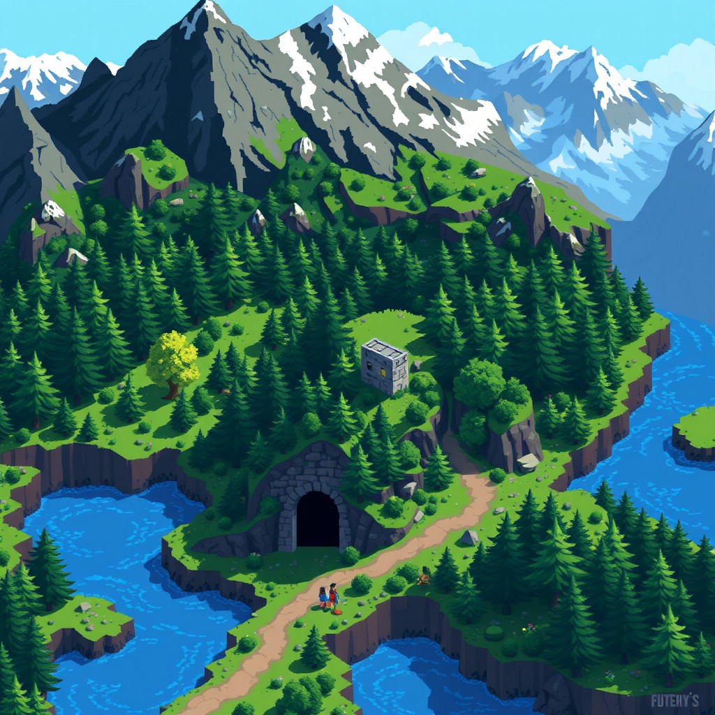 A vibrant 2D pixel art map showcasing a detailed landscape with a dense forest featuring a variety of pixelated trees and shrubbery, a dark dungeon entrance with rugged stone walls at its mouth, towering pixel mountains with snow-capped peaks in the background, and serene blue lakes reflecting the sky