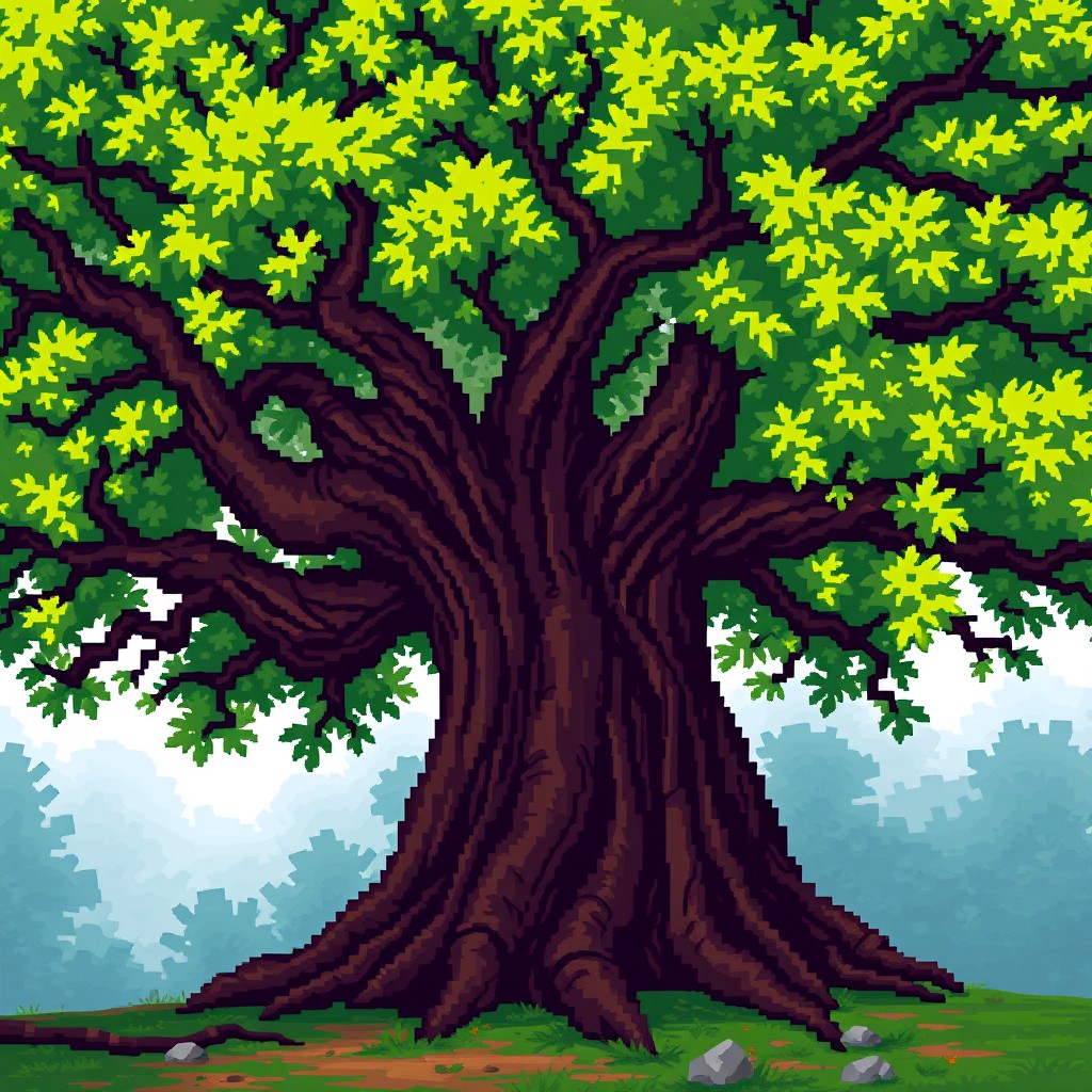 A pixel art depiction of a big oak tree set in a medieval style, inspired by the aesthetics of Diablo 2, featuring no characters