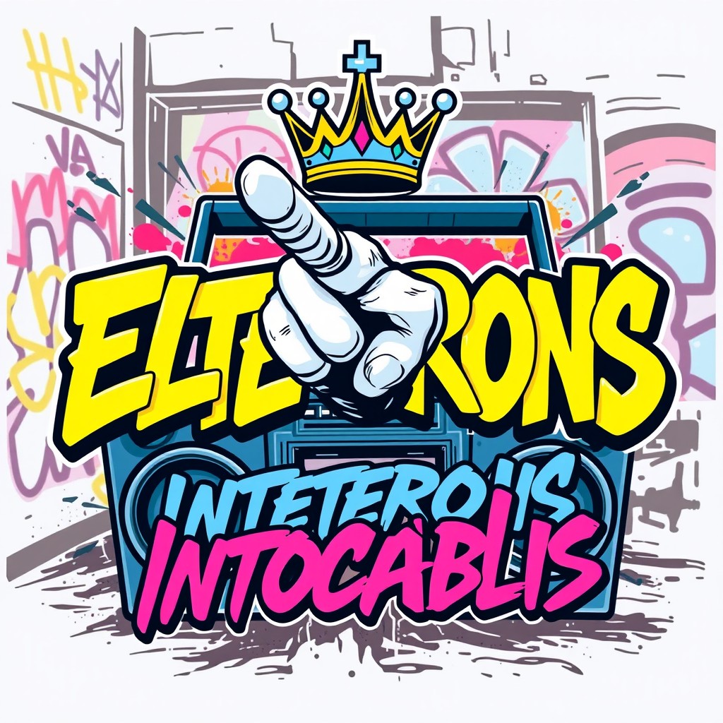 A vibrant graffiti-style design for a t-shirt featuring the text "Elétrons Intocáveis" in bold, colorful lettering