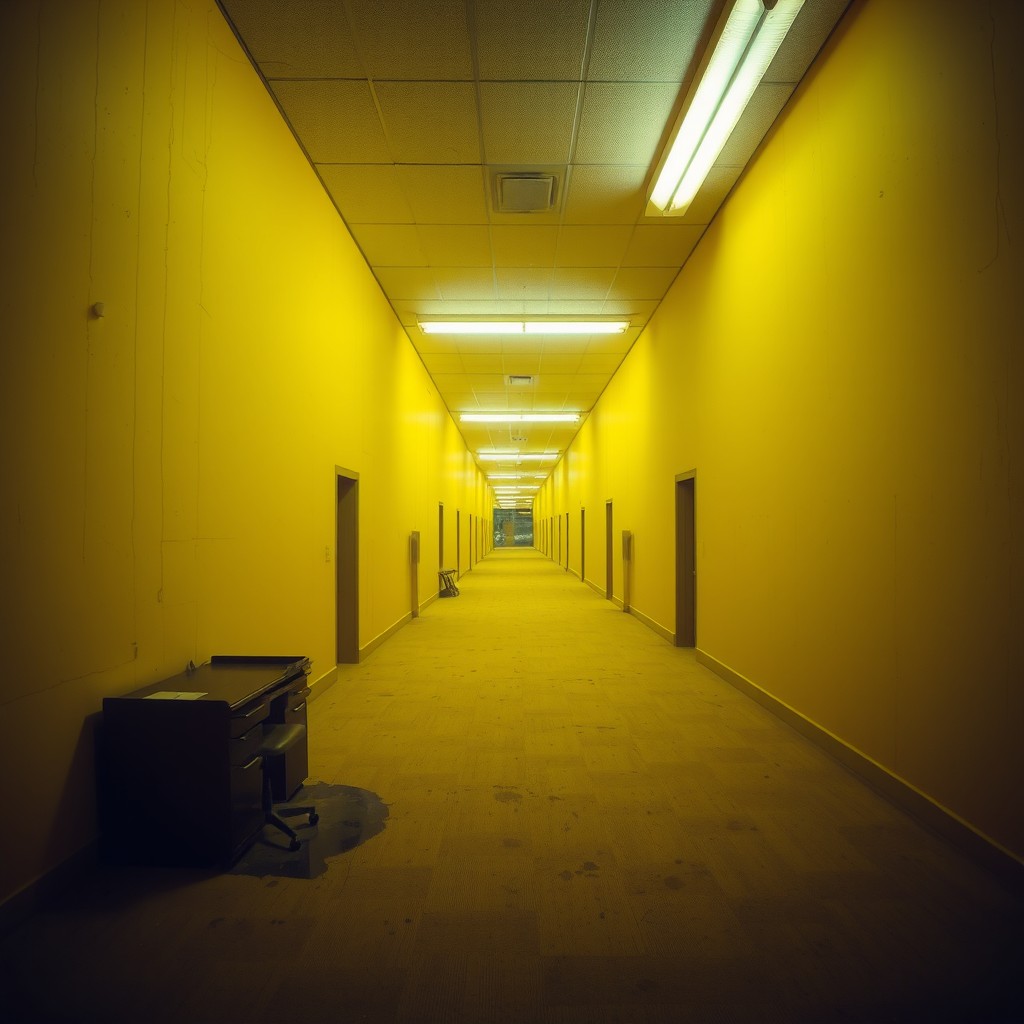 A surreal, maze-like environment known as the Backrooms, featuring endless, monotonous yellow-tinted walls, stained carpet, and flickering fluorescent lights