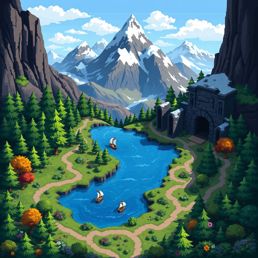 A beautifully crafted 2D pixel art map showcasing a fantasy landscape with no characters or humans